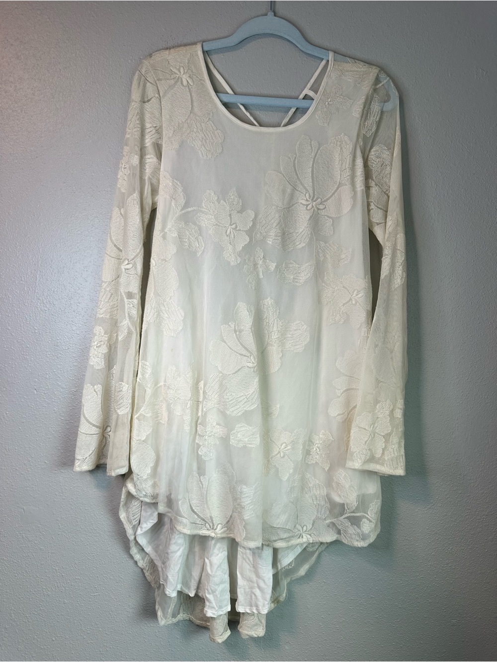 Free People Vintage Floral Embroidered Mini Dress Bell Sleeve Open Back Romantic